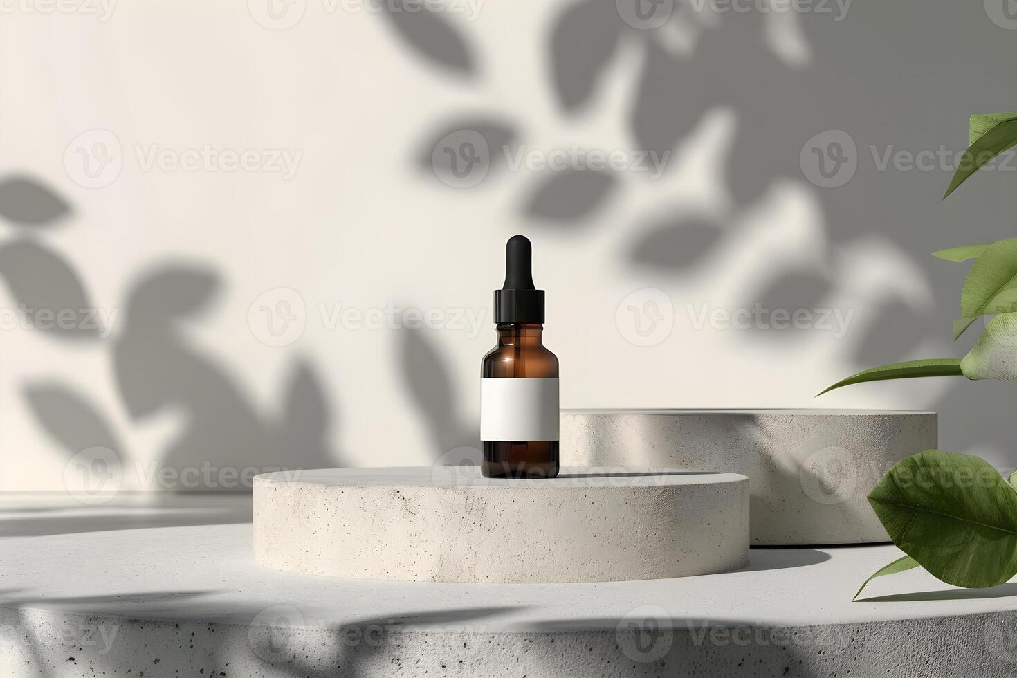 Cosmetic bottles with facial drops on a pink background and plants. photo