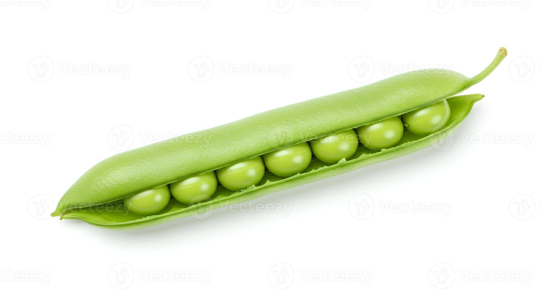 Fresh green peas in open pod isolated on white background for healthy vegetarian food concepts. Organic green pea pods full of round peas on clean white background for vegan and plant-based themes photo