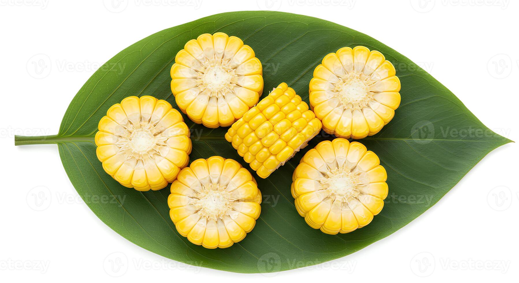 Organic corn cob slices top view flat lay with visible kernels isolated on white background for food and nutrition themes photo