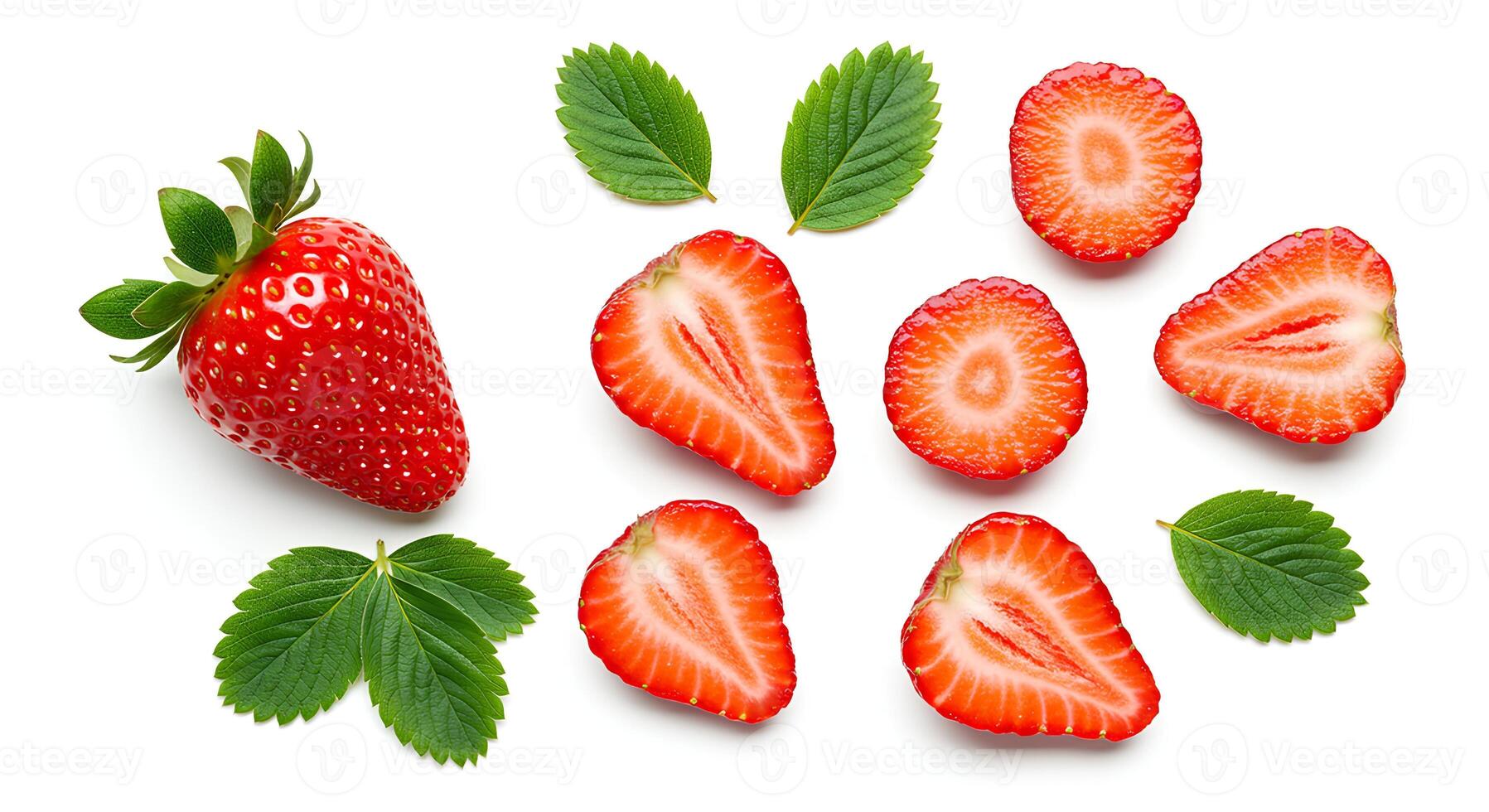 strawberry slices with leaves top view flat lay for summertime isolated on white background with shadow photo
