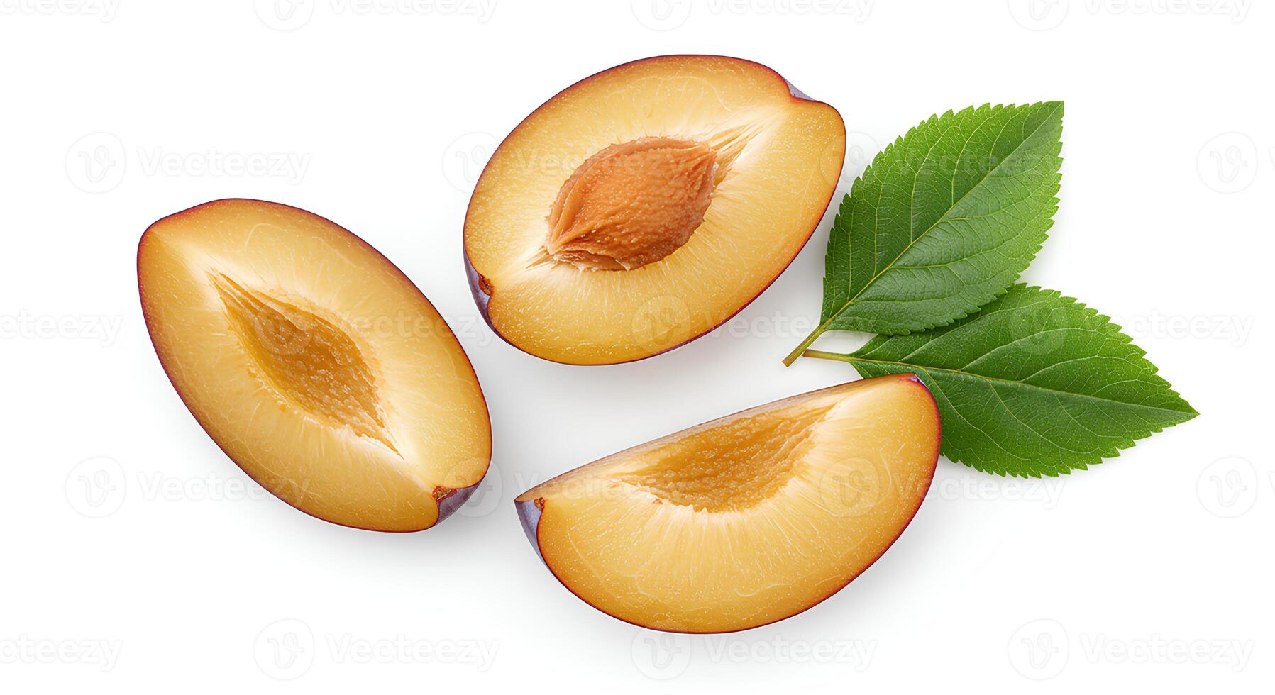 Ripe purple plums with natural texture and realistic shadow on white background for organic fruit campaigns and wellness content photo