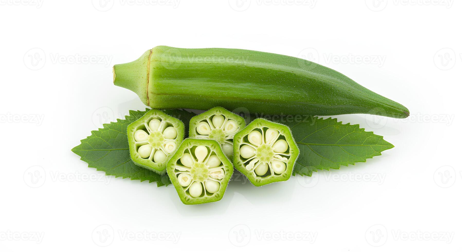 Fresh green okra vegetable isolated on white background for vegan and vegetarian recipes. Organic okra pods placed on white background for healthy eating and plant-based meals photo