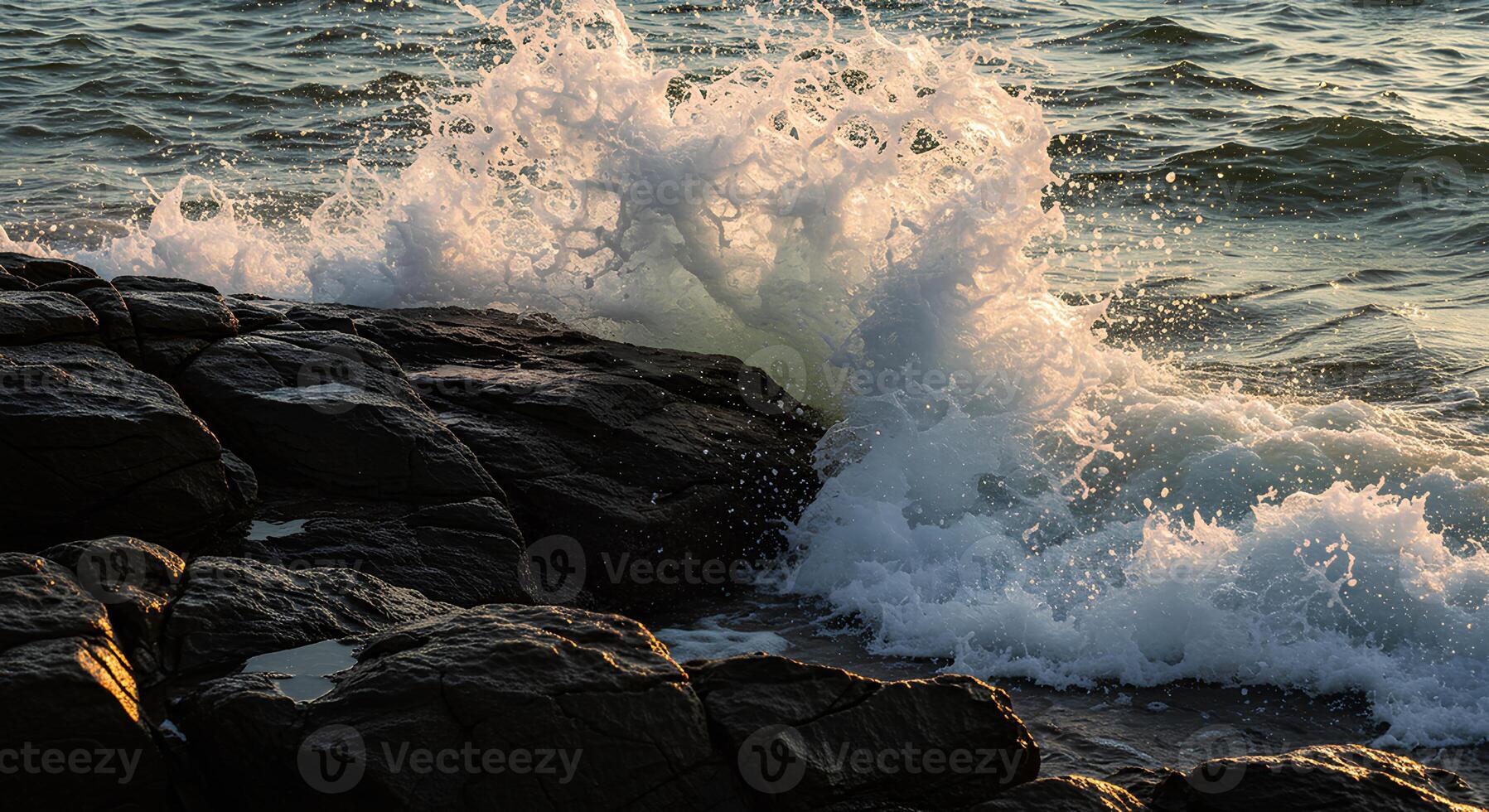 Sea water splashing on rocks with powerful waves under bright summer sky coastal scenery photo