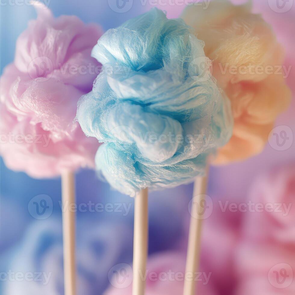Three cotton candy sticks with different colored cotton candy on them photo