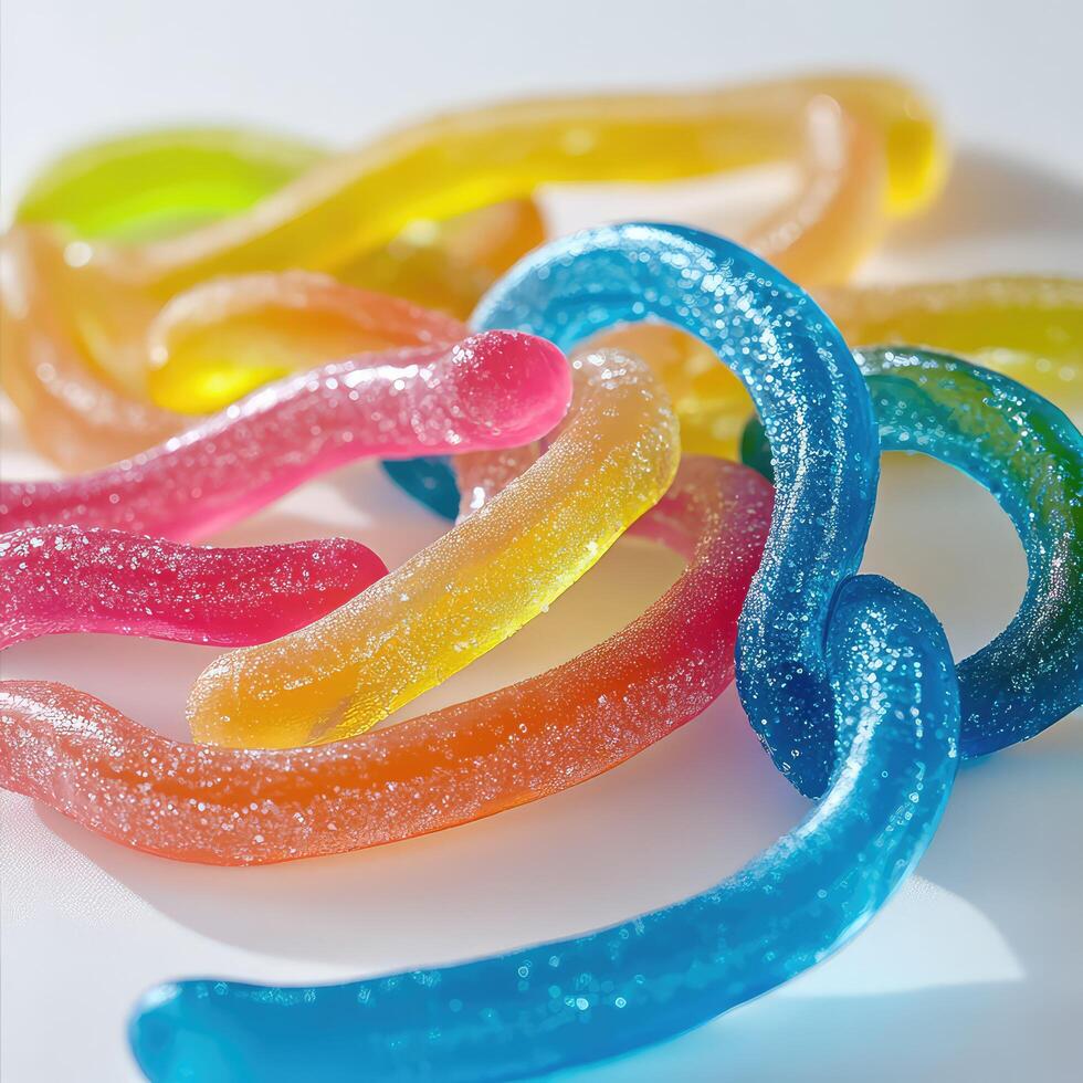 Pile of colorful jelly worms on a white surface photo