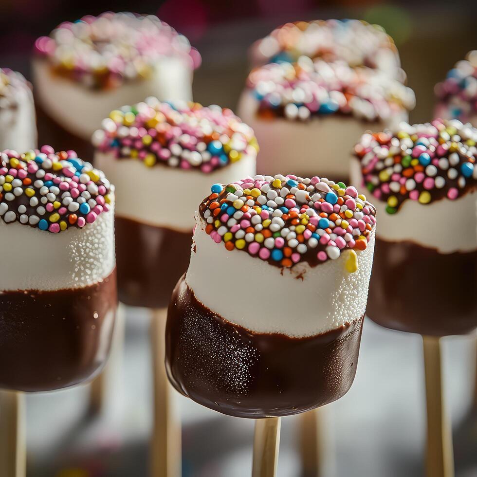Marshmallows covered with chocolate on stick photo