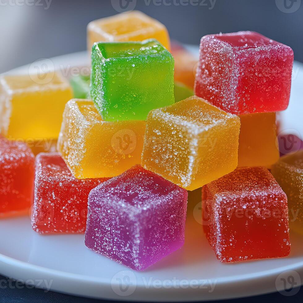 Plate of colorful jello cubes photo