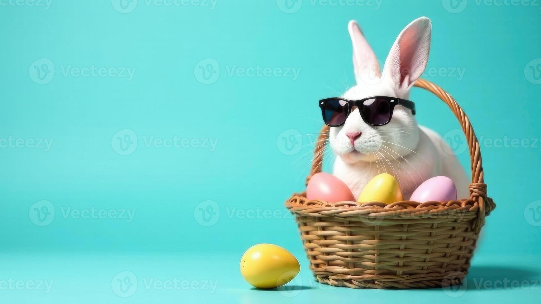 Easter playful white rabbit with sunglasses on blue banner with copy space. Animal relaxes in a wicker basket full of brightly colored Easter eggs on a vibrant turquoise backdrop photo