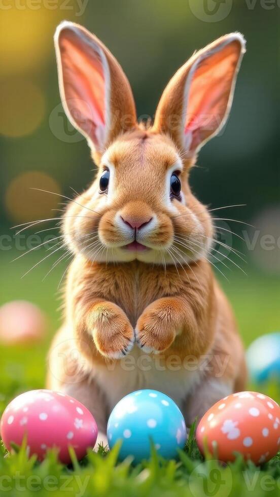 Easter rabbit hops among vibrant decorated eggs in a lush green garden on a bright spring day, showcasing the joy of the season photo