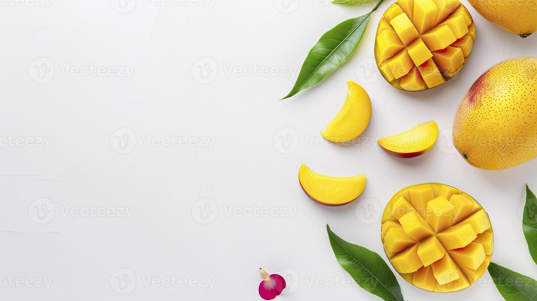 Mango fruit on white background with leaves and slices photo