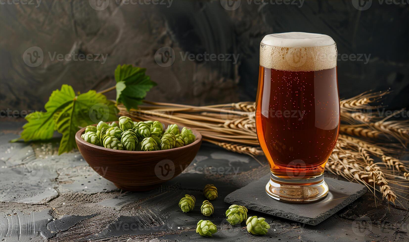 Beer with Fresh Hops and Barley on the table photo