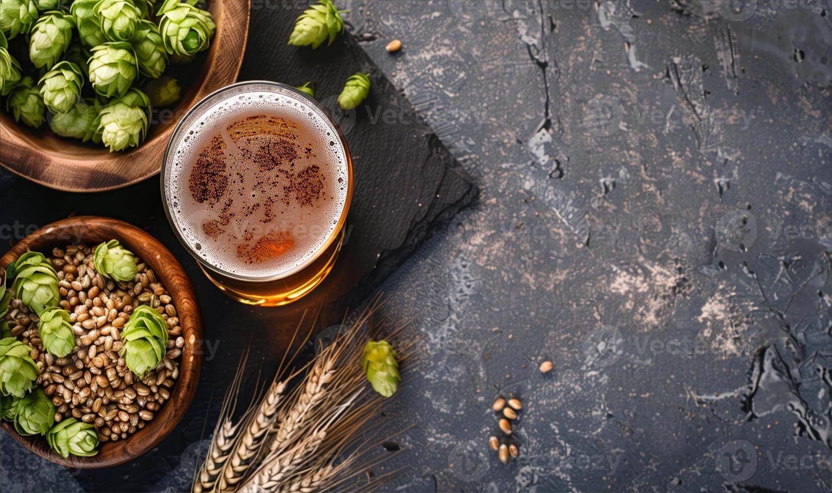 Beer with Fresh Hops and Barley on the black photo