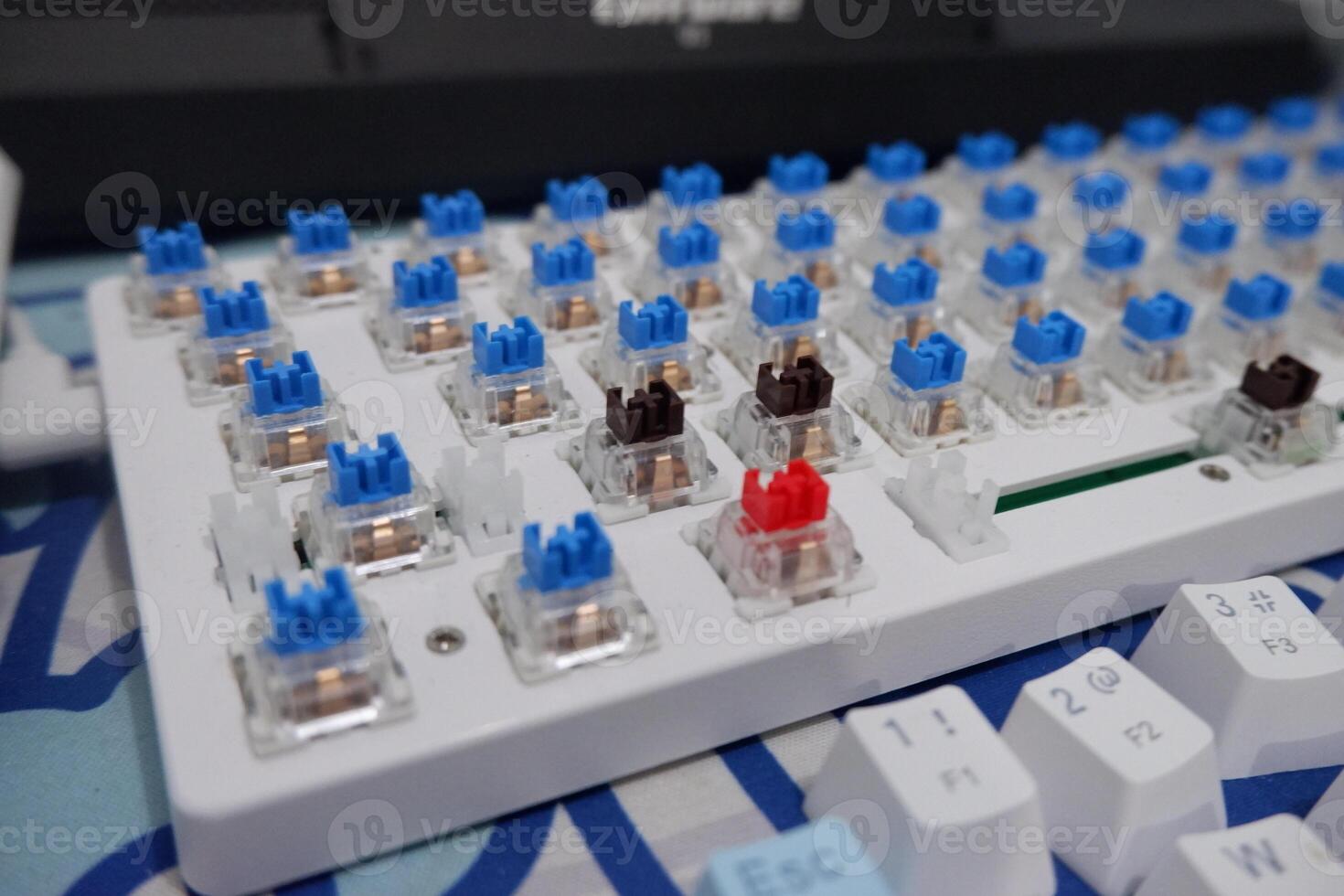 Close-up of mechanical keyboard switches with dominant blue switches. Red and brown switches are also visible, showcasing switch variety. photo