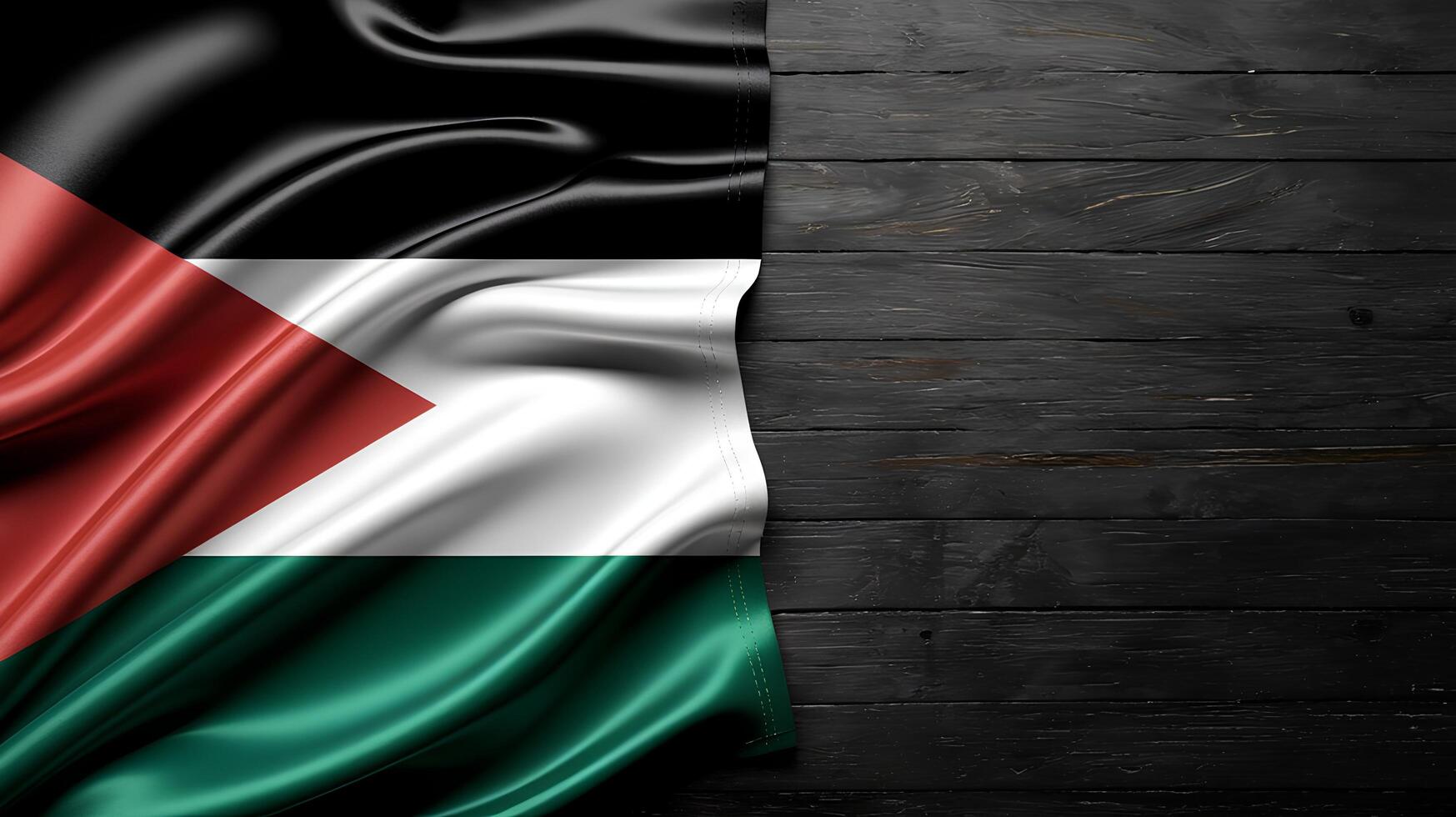 Palestinian flag draped over a dark wooden surface. The flag features a black, white, and green horizontal tricolor with a red triangle on the left side. photo