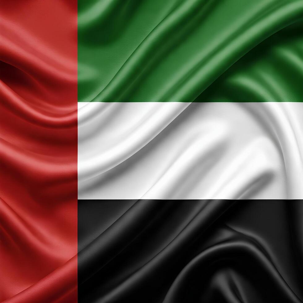 UAE FLAG with a vertical red stripe on the left and three horizontal stripes in green, white, and black. The flag is draped, creating a wavy texture in the fabric photo