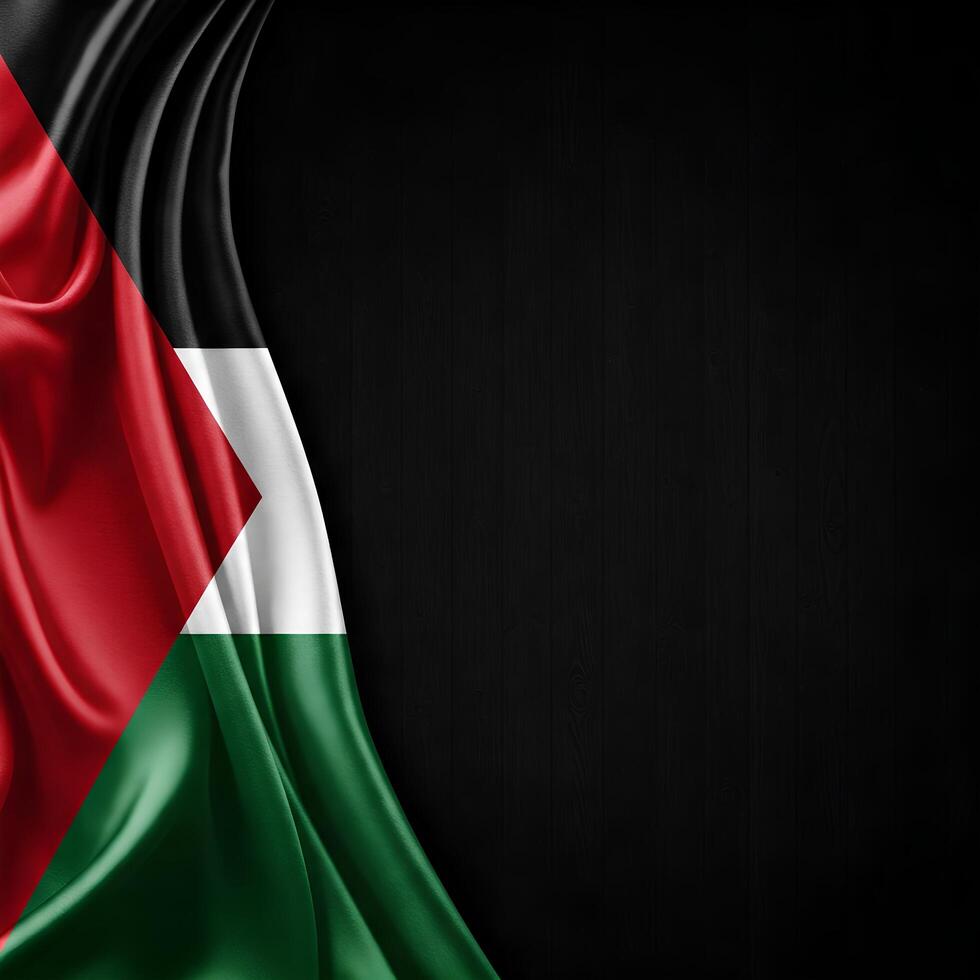 Palestine flag with black, white, and green horizontal stripes and a red triangle on the left side. photo