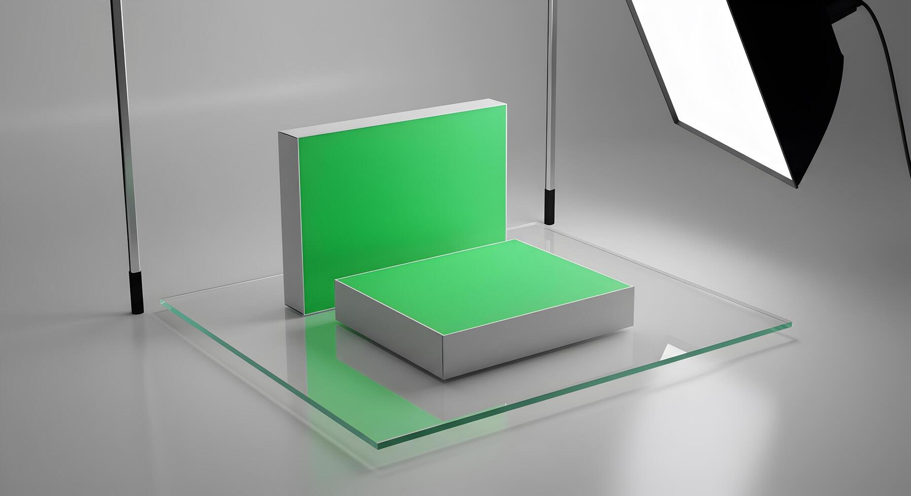 Modern green showcase with glass podium and studio lighting setup photo