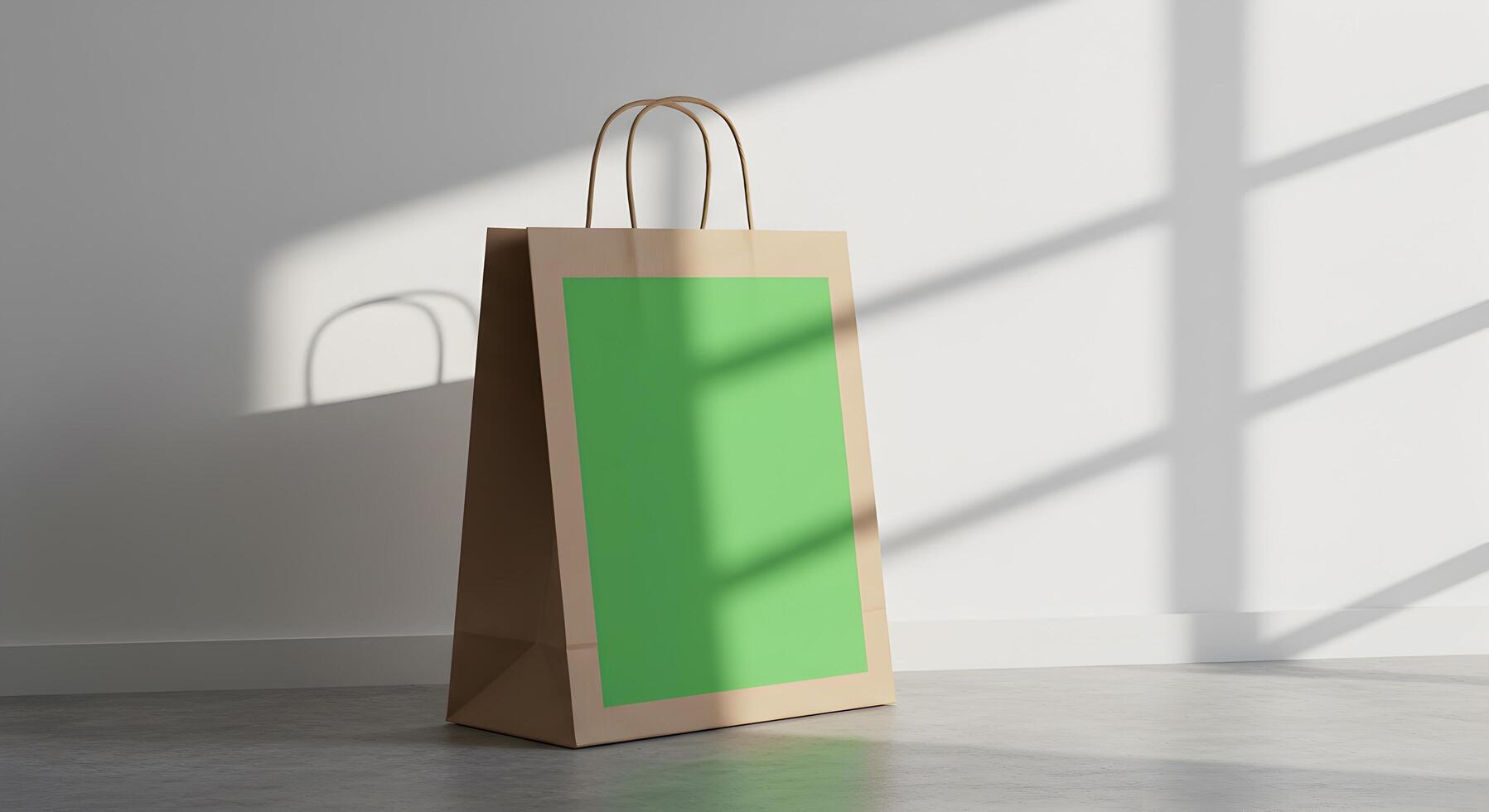 Simple brown paper shopping bag with a green label, ideal for branding photo
