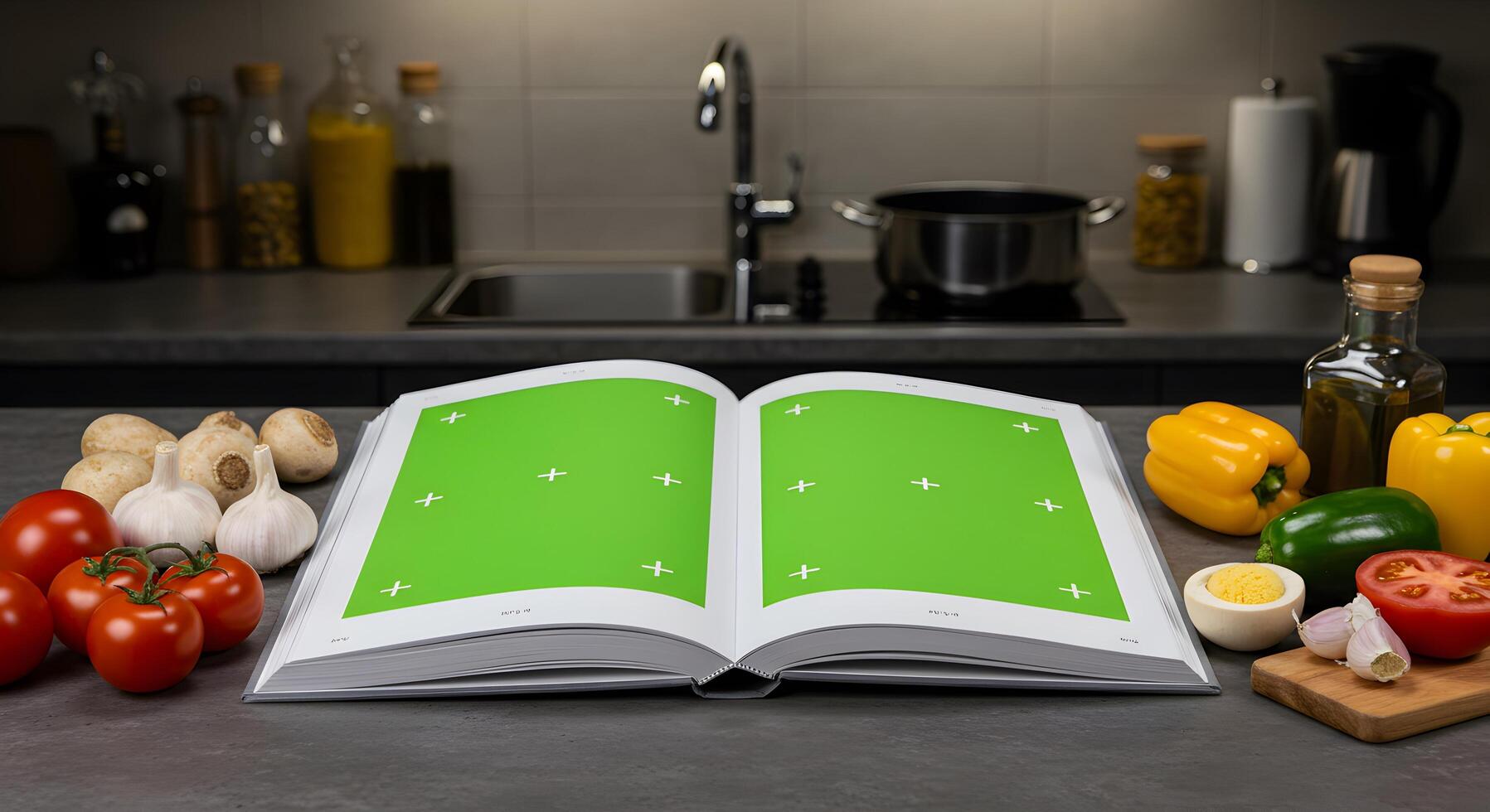 Open Cookbook with Green Screen Pages in Kitchen Setting for Recipe Mockups photo