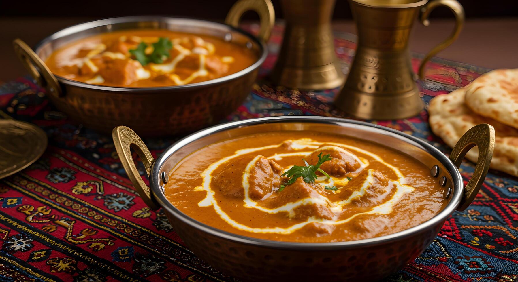 Authentic butter chicken curry dishes served in brass bowls with naan bread photo
