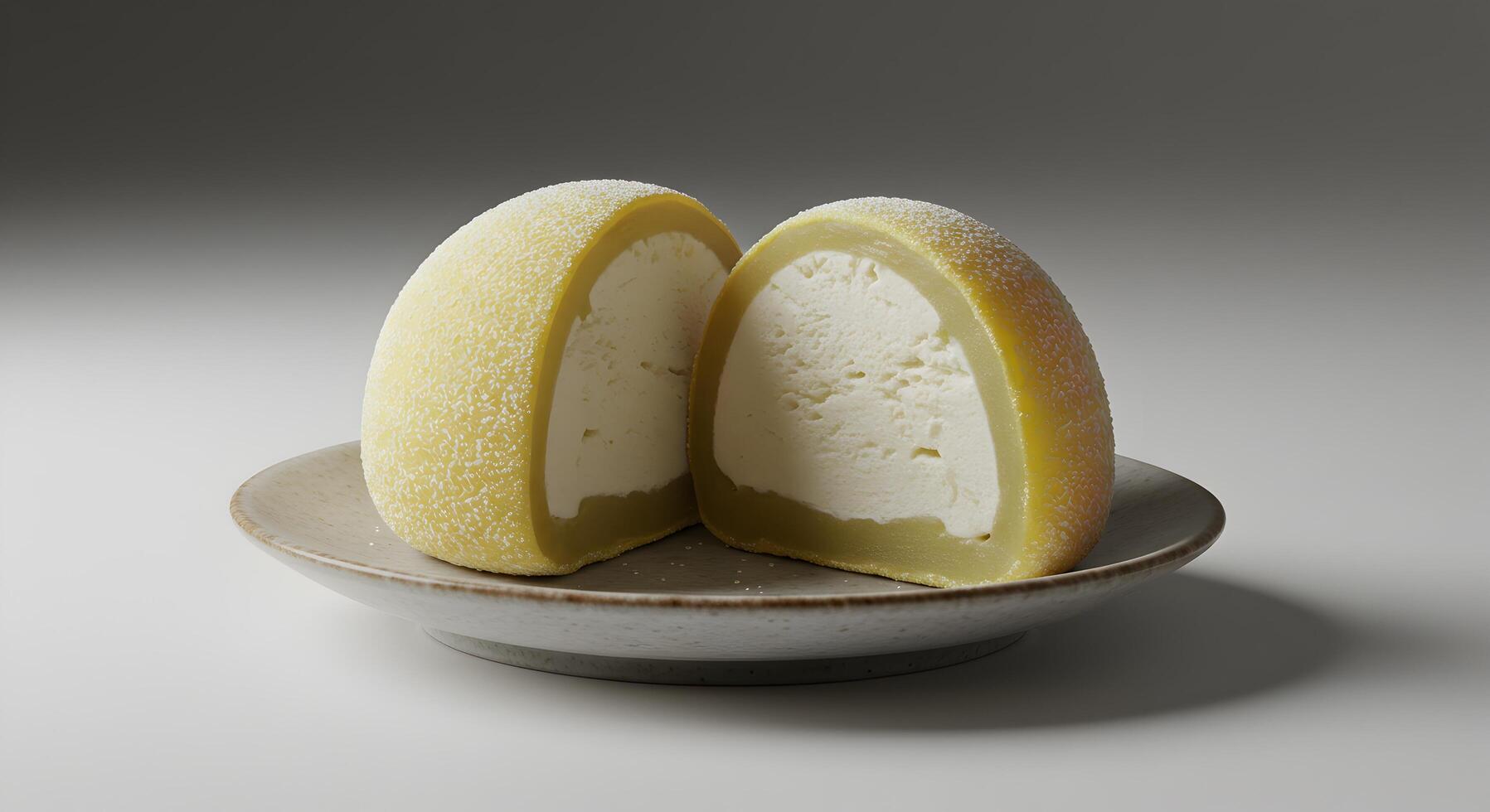 Delightful halved mango mochi filled with sweet cream on a ceramic plate photo