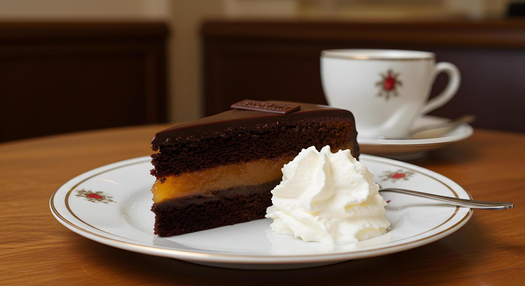 Delicious Sachertorte slice served with whipped cream and coffee break photo