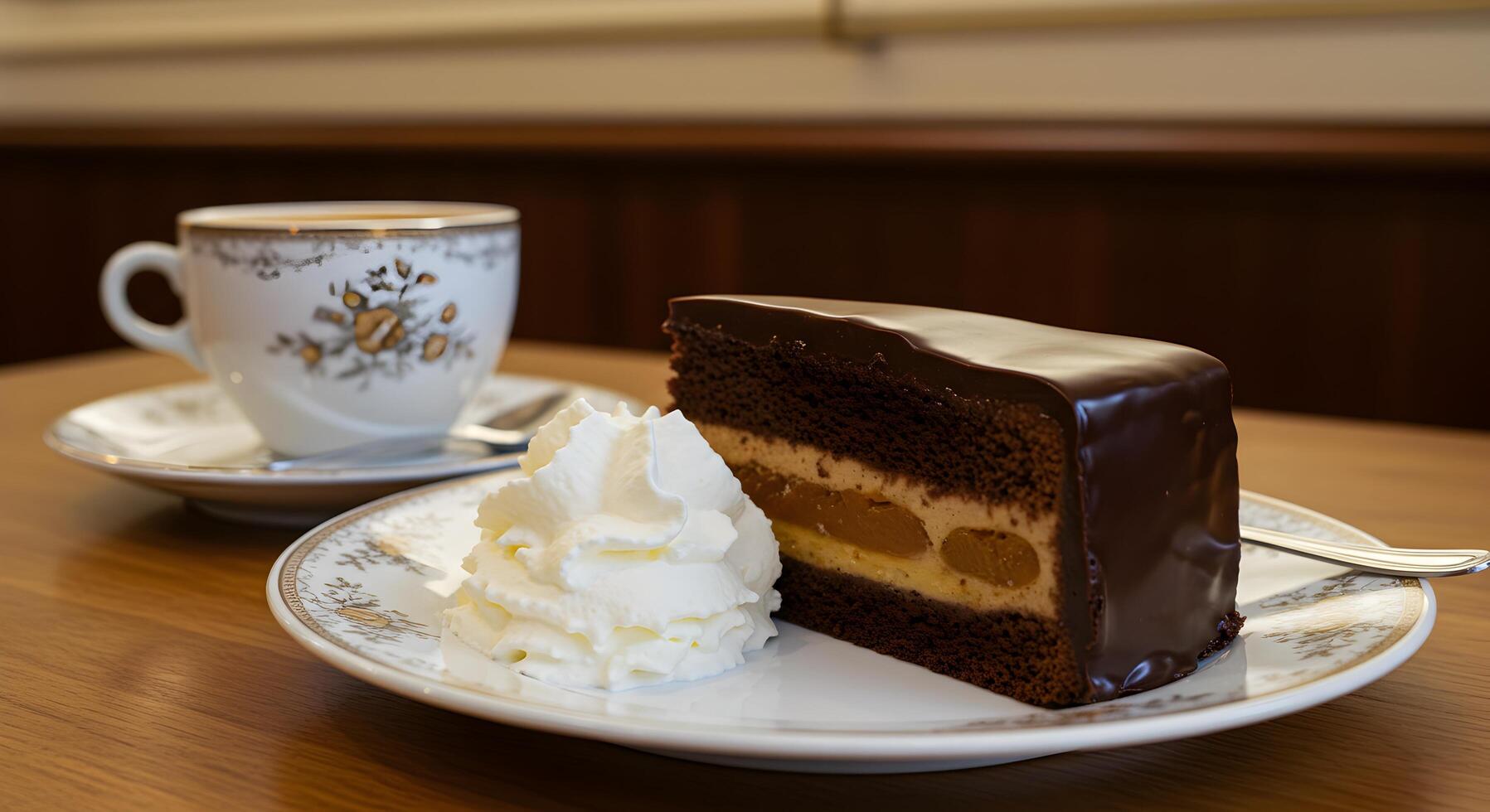 Elegant chocolate cake with whipped cream and coffee for indulgence treat photo