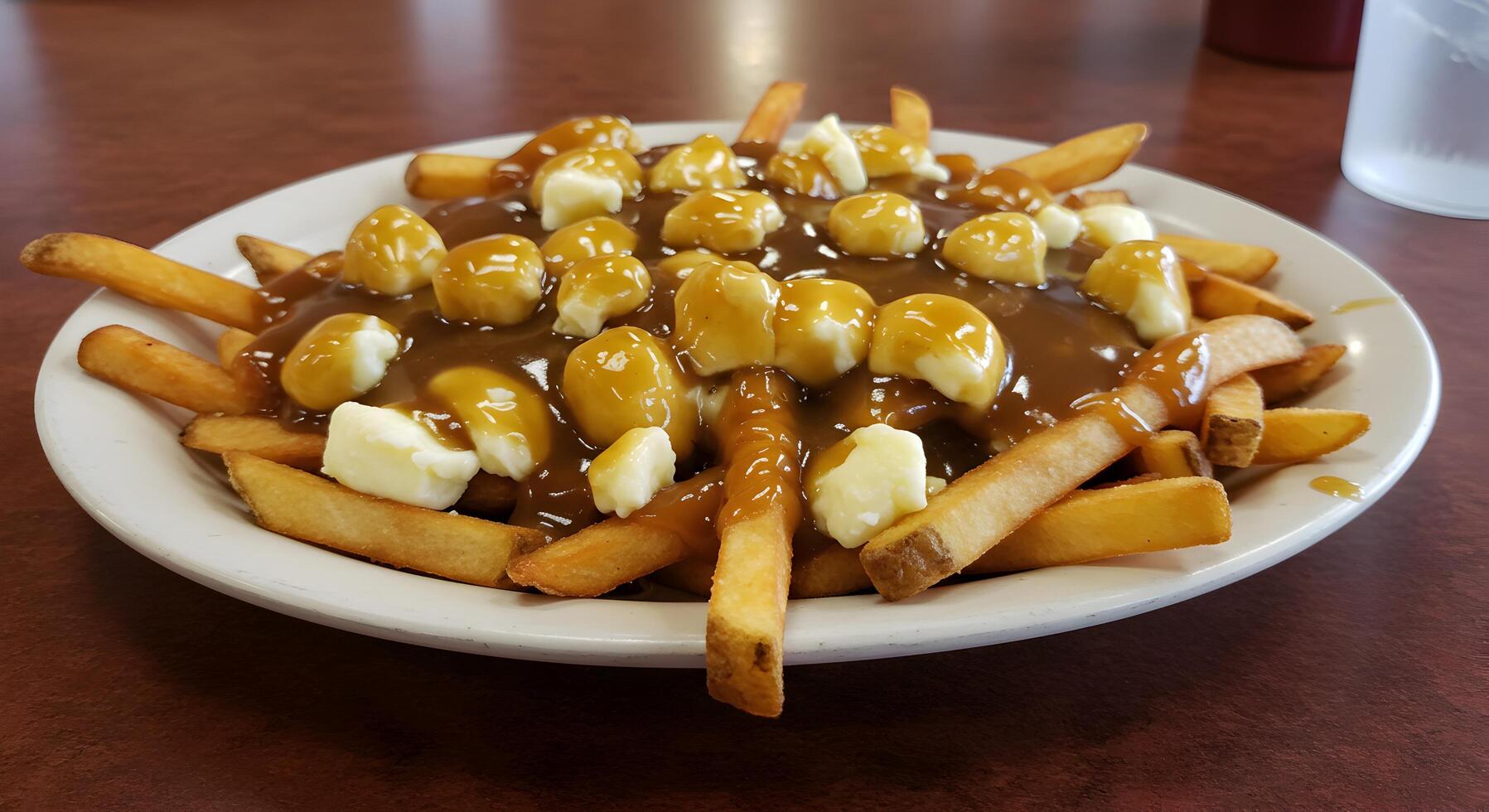 Traditional poutine dish with french fries, gravy and cheese curds on plate photo