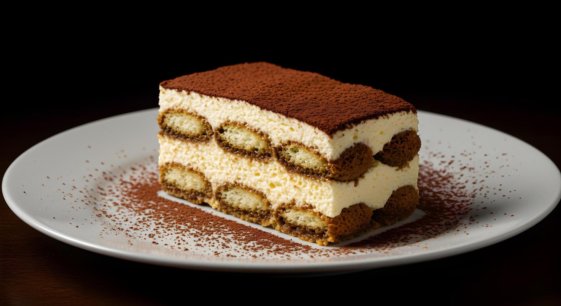 Elegant tiramisu dessert adorned with cocoa dusting in a sophisticated presentation photo