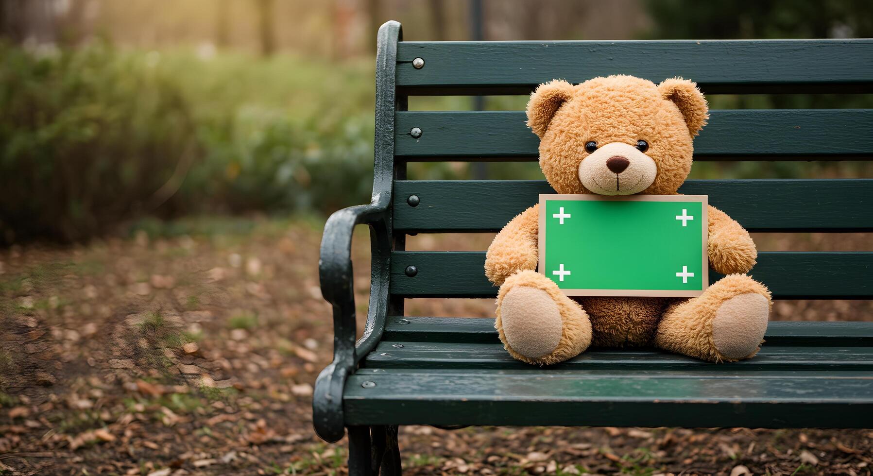 A plush bear sitting on a bench holding up an empty green chroma key sign photo