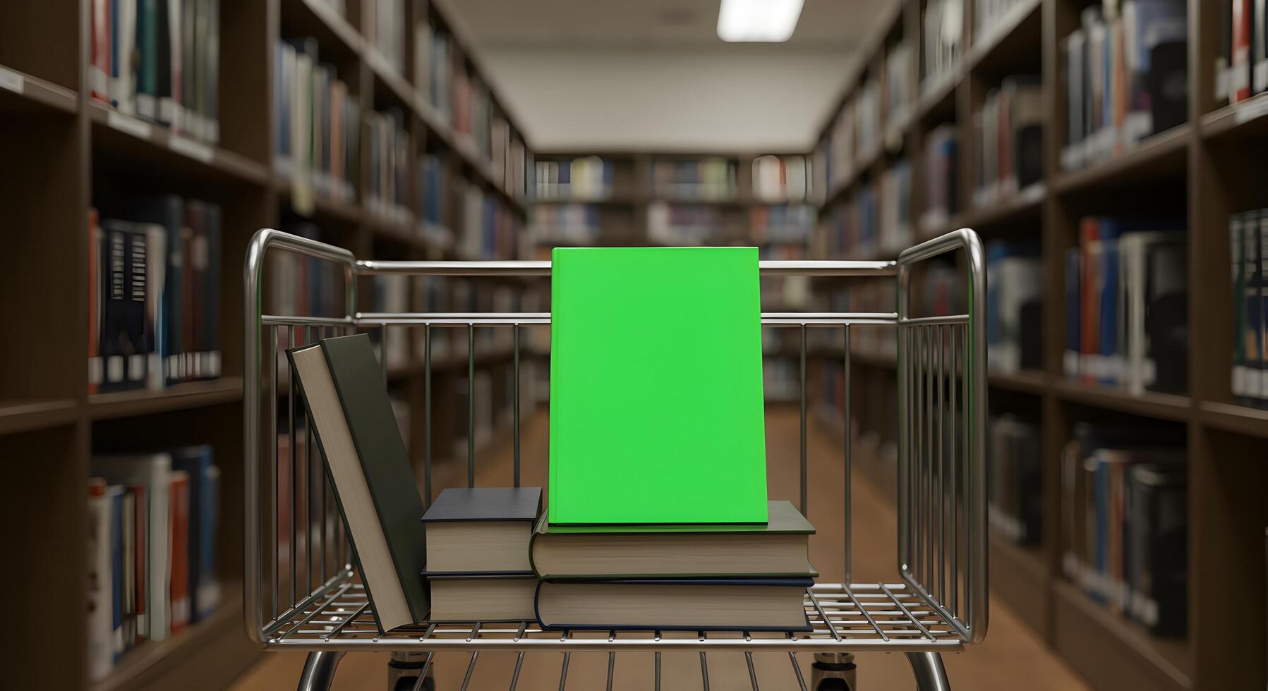 Books in a shopping cart in a Library with a green screen book cover photo