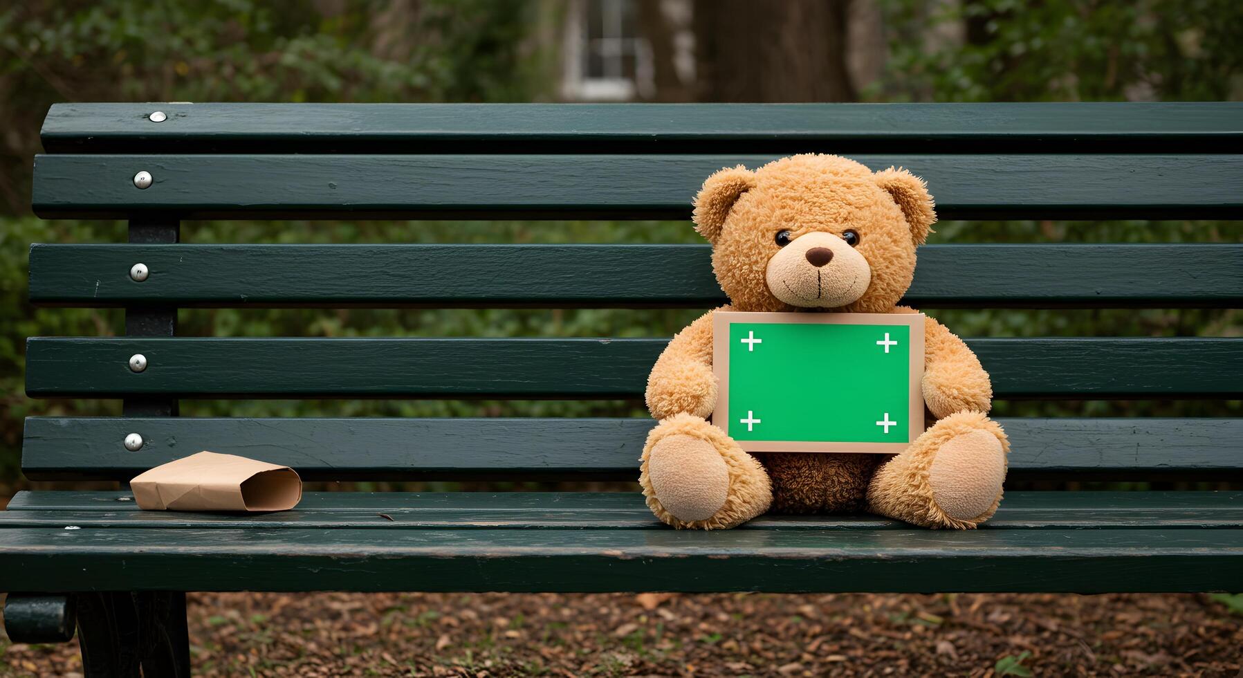 Teddy Bear with Chroma Key Sign on Park Bench Waiting for Message photo