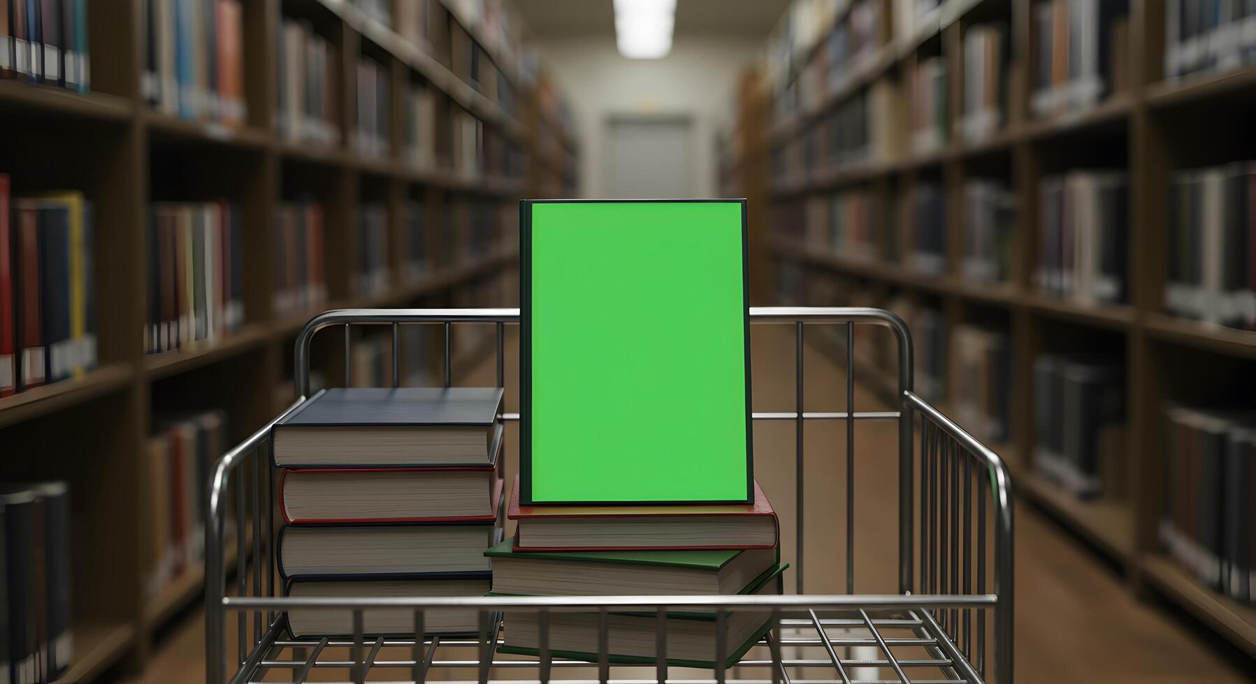 Library cart featuring books and a vibrant green screen for educational mockups photo