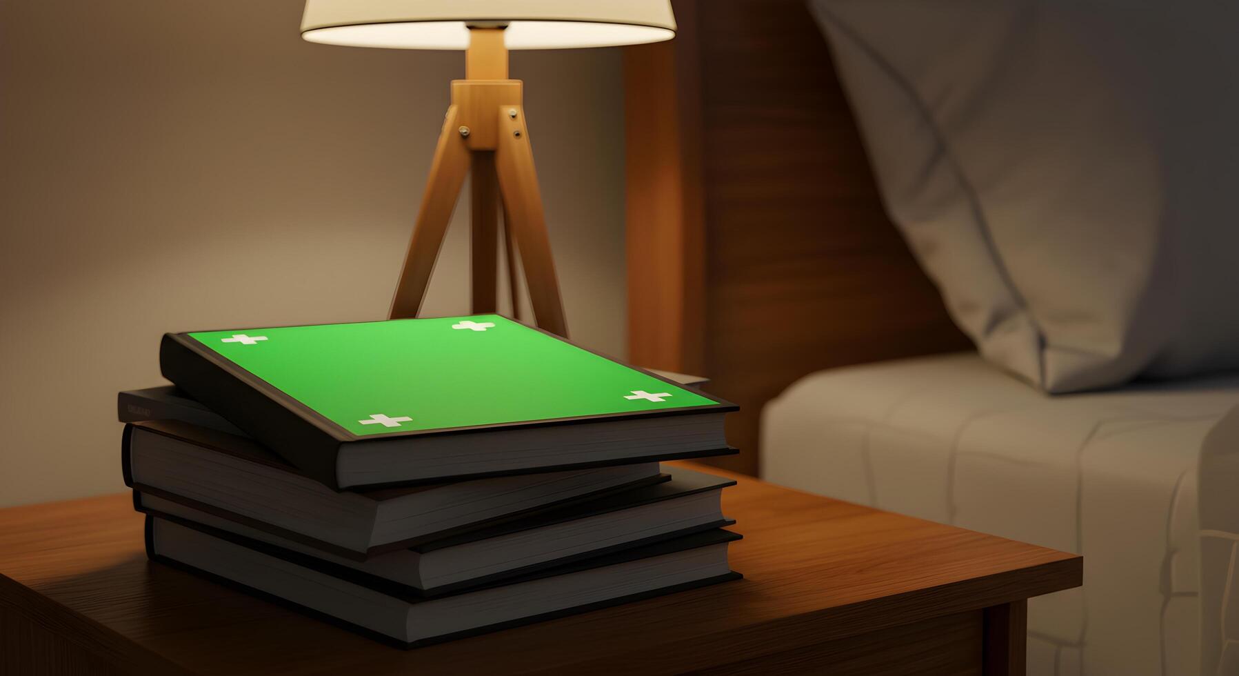 Stack of books on a nightstand with a green screen book on top for mockups photo