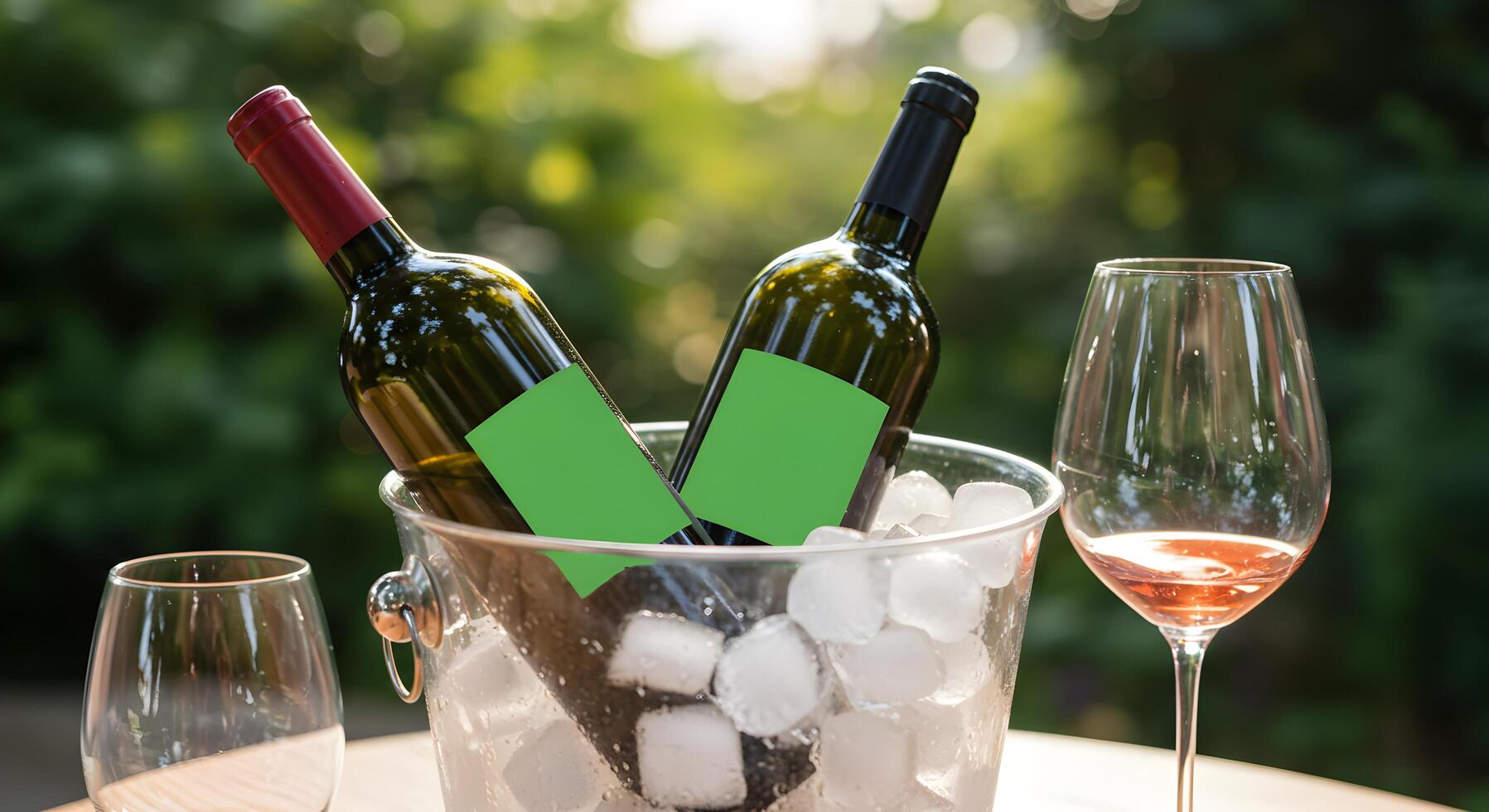 Chilled Wine Bottles and Empty Wine Glasses on Wooden Table Outdoors photo