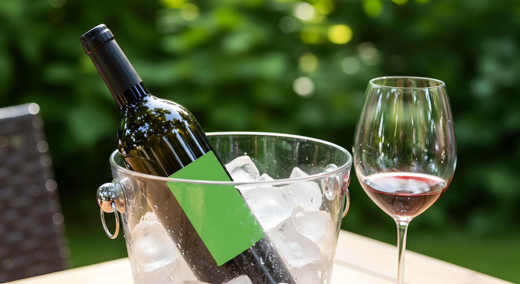 Chilled red wine bottle in ice bucket with glass on outdoor table, enjoying life photo