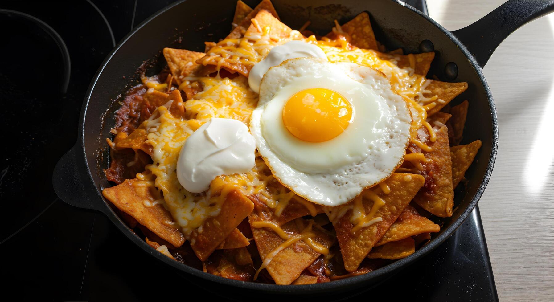 Loaded skillet nachos with fried egg and creamy sauce for a tasty brunch photo
