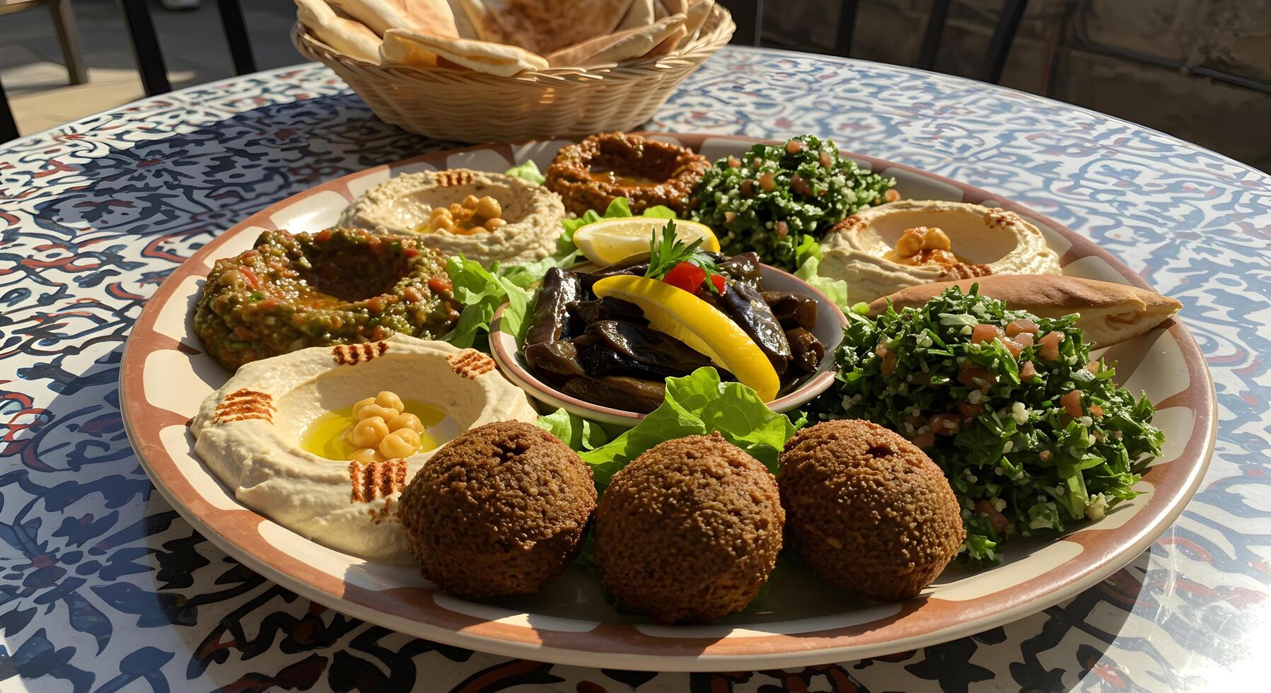 Exquisite selection of Middle Eastern dips and appetizers, inviting and vibrant photo