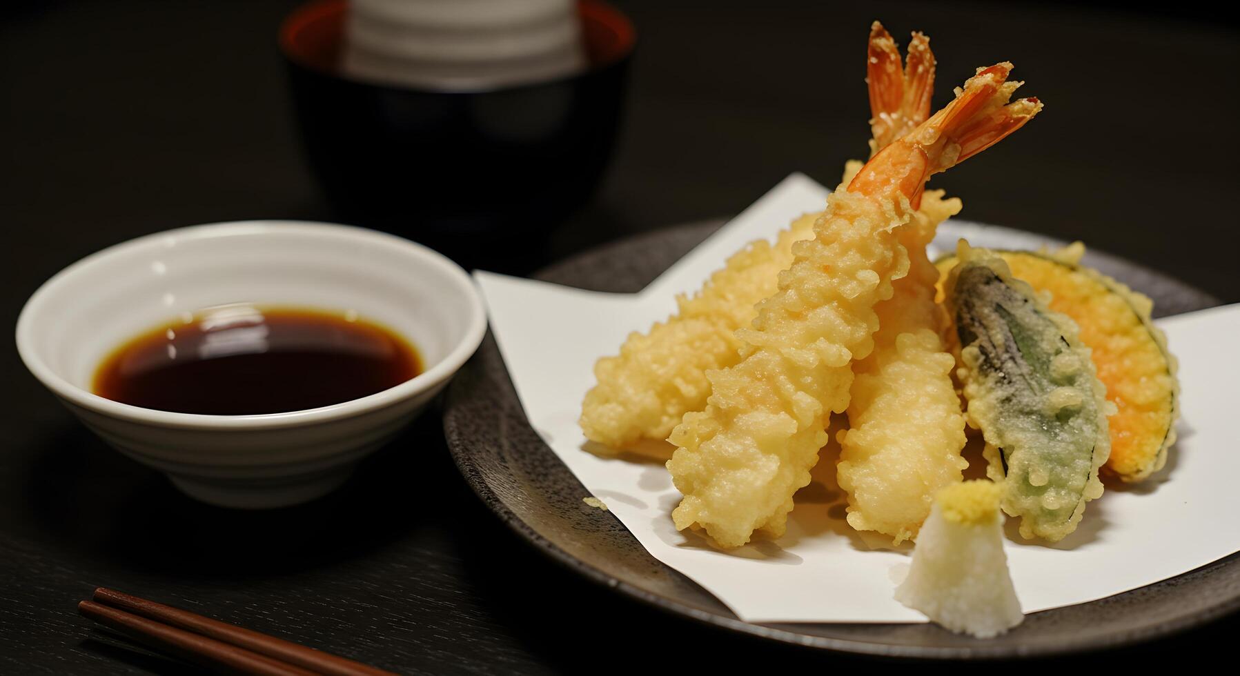 Delicious Japanese tempura assortment served with soy dipping sauce photo