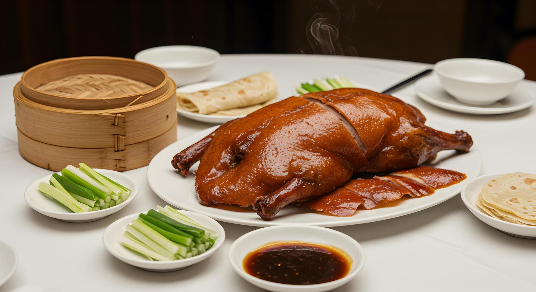 Peking duck served with pancakes, scallions and sweet bean sauce on table photo