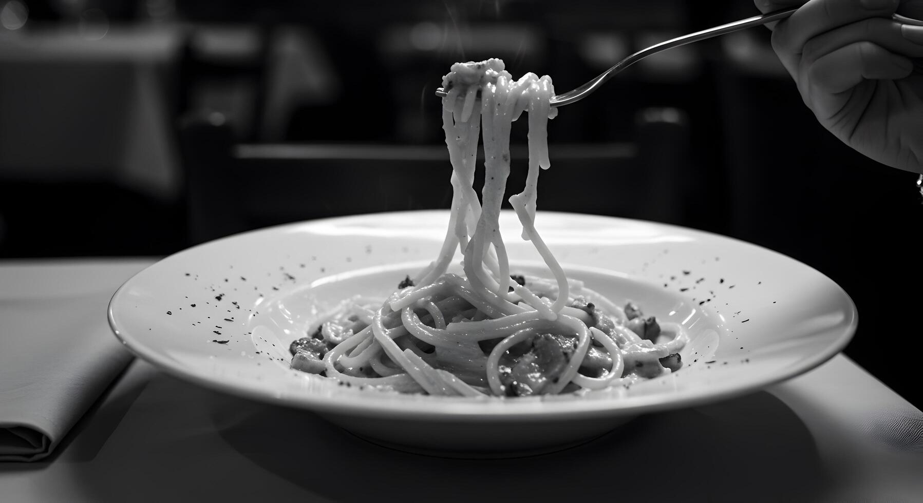 Elegant monochrome photograph of spaghetti carbonara being lifted on a fork photo