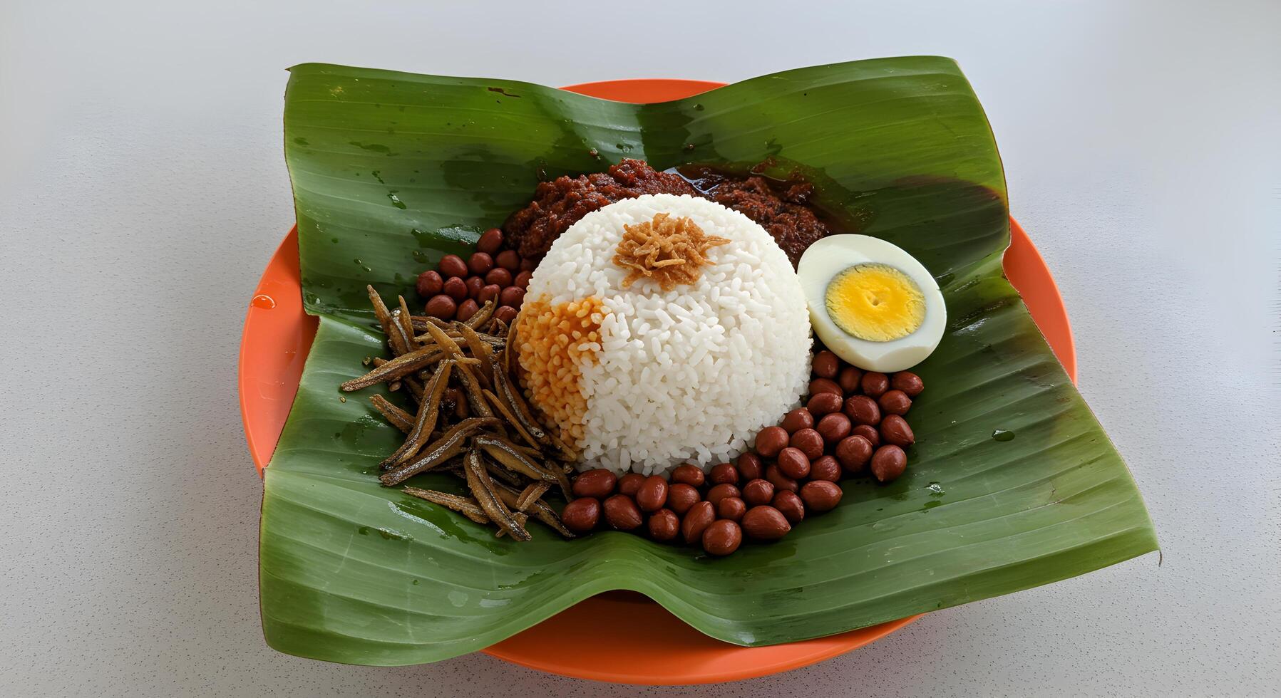 Exquisite close-up of Nasi Lemak Dish featuring rice, egg, peanuts, anchovies photo