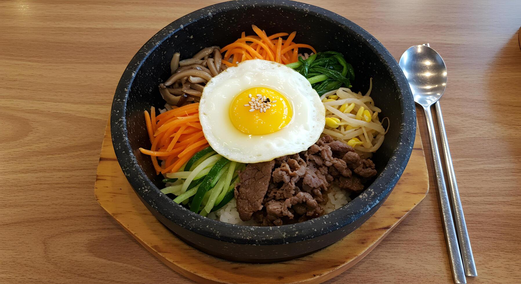 Vibrant bibimbap bowl served on wooden tray, featuring a fried egg photo