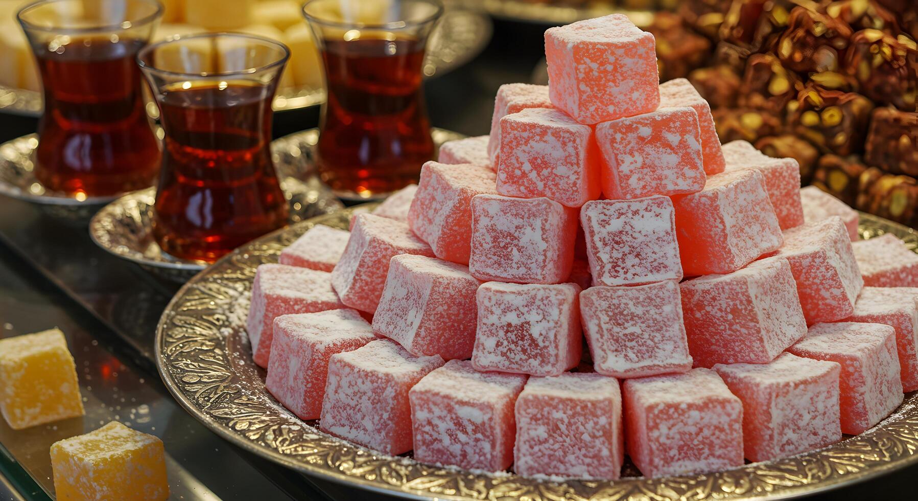 Delicate Turkish Delight Pyramid with Traditional Tea Service on Display photo