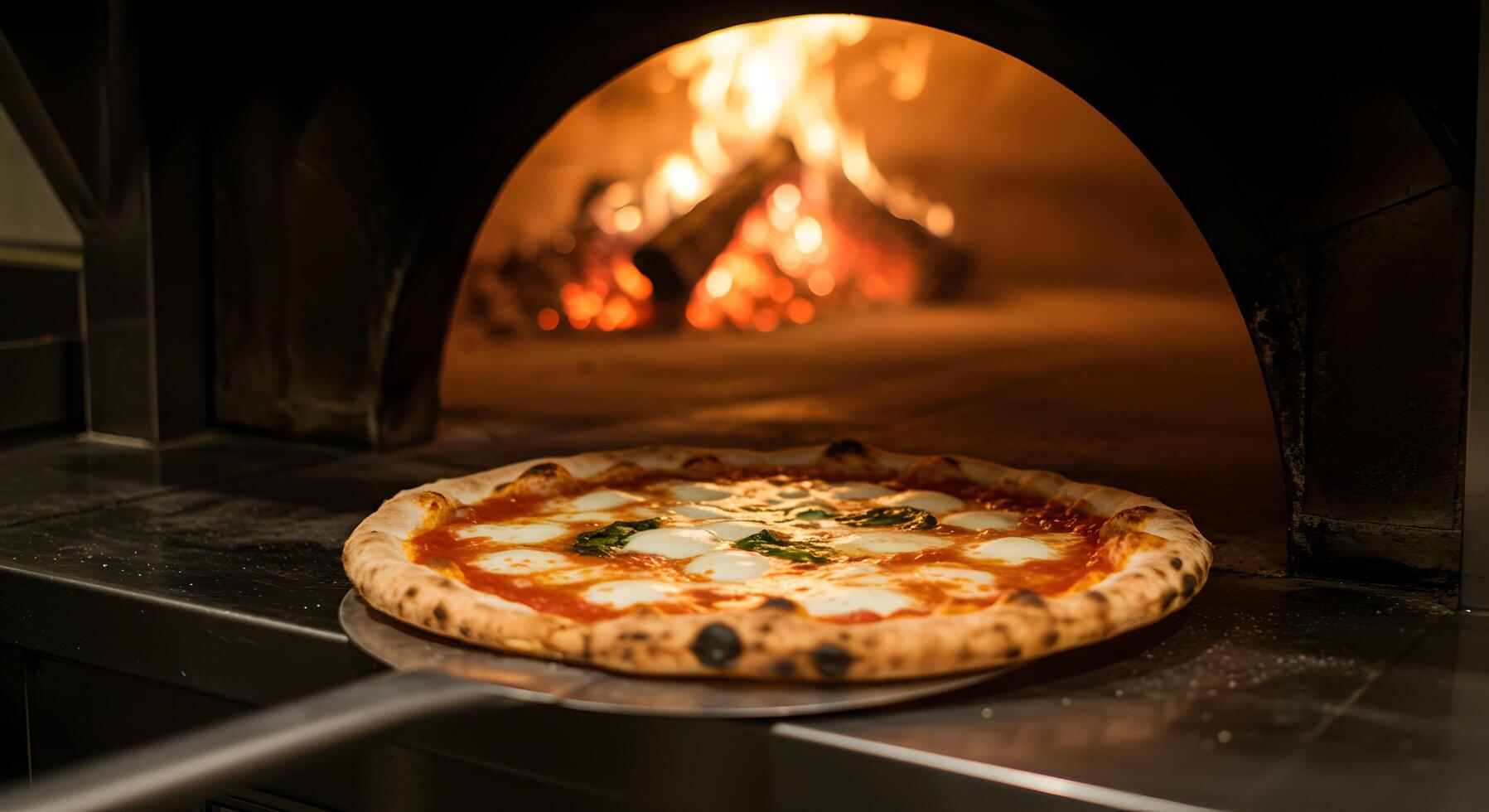 Authentic margherita pizza baking in traditional wood fired oven restaurant photo