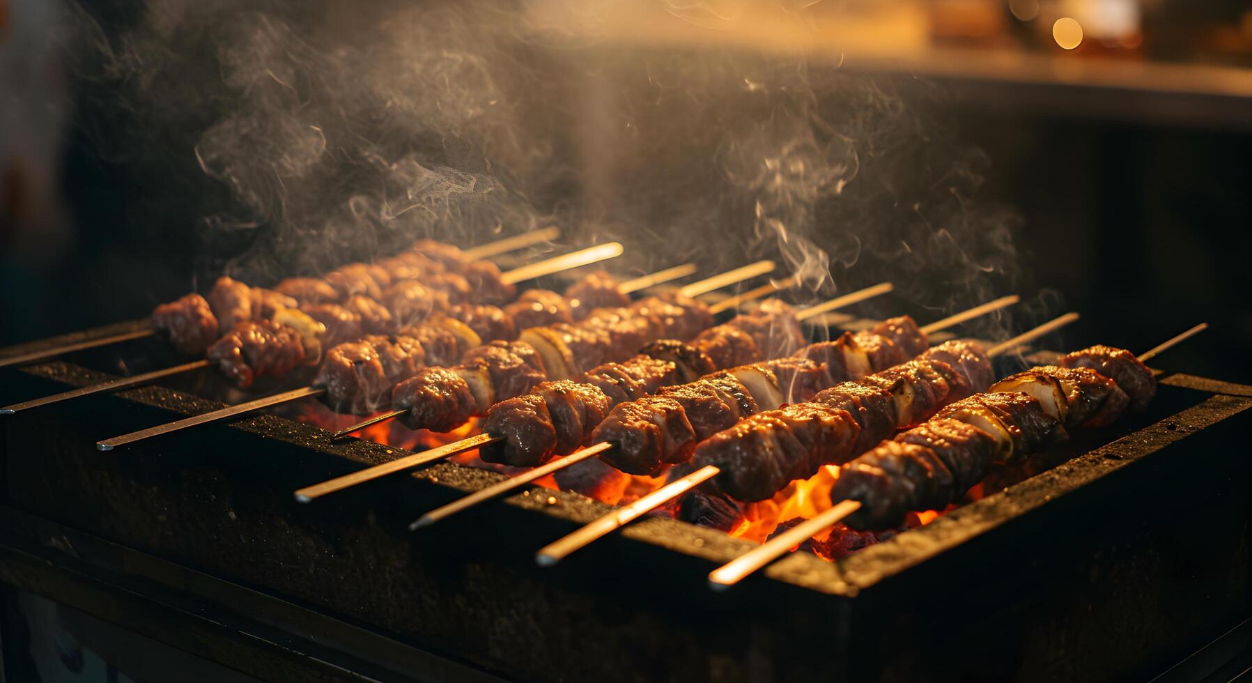 Delicious grilling skewers, charcoal barbeque, smoky deliciousness and gourmet food photo