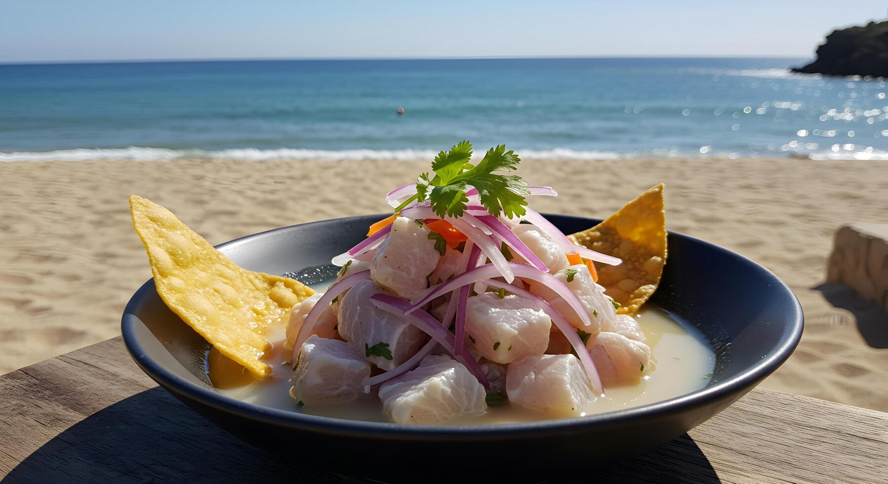 Fresh Ceviche Dish on a Beachfront Table with Ocean View Ambiance photo