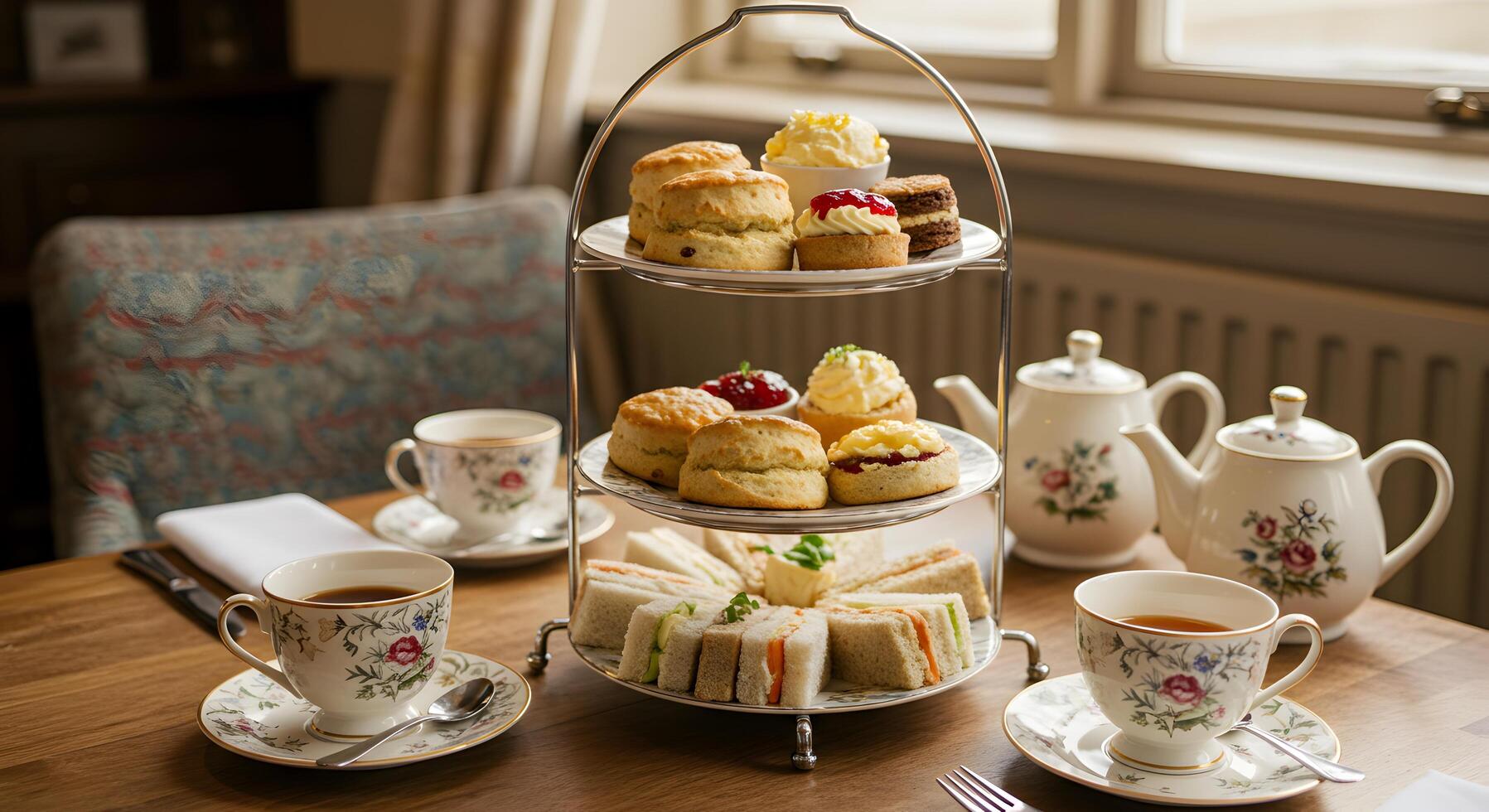 Elegant afternoon tea arrangement with tiered cake stand and floral teaware photo