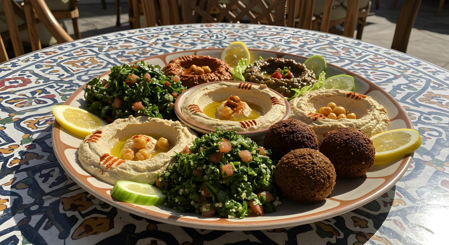 Middle Eastern Mezze Platter with Hummus, Falafel, and Tabbouleh Salad photo