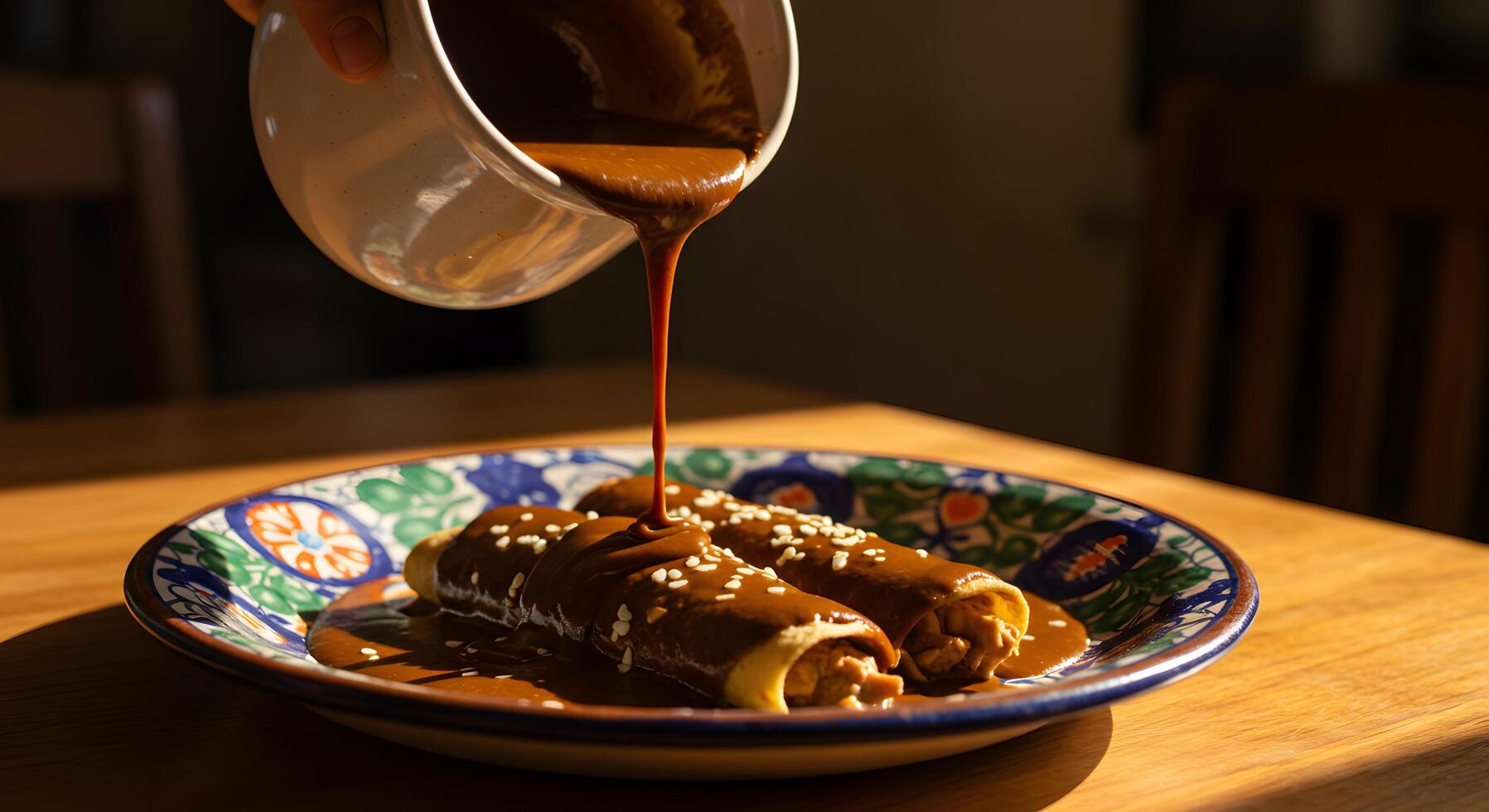 Authentic Mexican Enchiladas Poured with Mole Sauce on a Colorful Plate photo